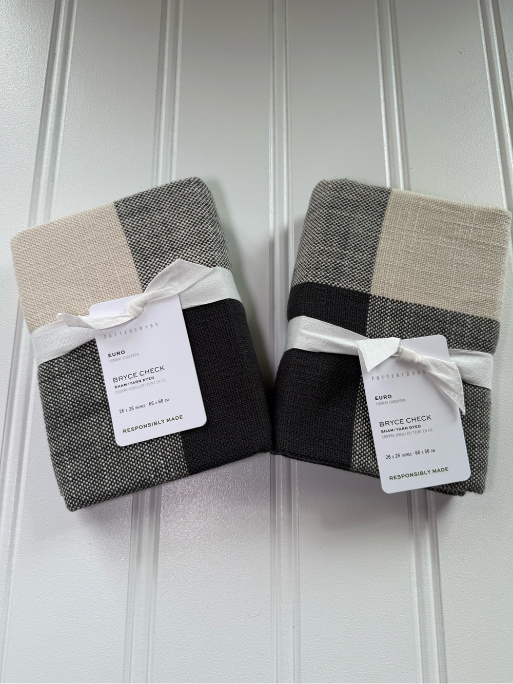 Pottery Barn  Bryce Buffalo Check Euro  Shams Charcoal/Ivory Set Of 2 NEW 3000
